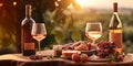 Bottles and glasses of pink rose wine with snack board on table on summer romantic evening.Macro.AI Generative Royalty Free Stock Photo