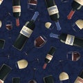 Bottles and glasses of red and white wine on blue background