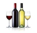 Bottles and glasses of white and red wine isolated on white back