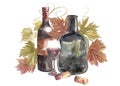 Bottles and glasses of wine and leaves of grapes, isolated on white. Hand drawn watercolor illustration. Royalty Free Stock Photo