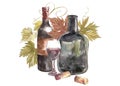 Bottles and glasses of wine and leaves of grapes, isolated on white. Hand drawn watercolor illustration. Royalty Free Stock Photo