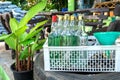 Bottles of green gasoline for sale to motorcyclists in a fruit crate. Illegal sale of petroleum products to tourists in Thailand
