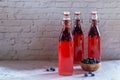 Bottles of homemade blueberry kombucha drink.