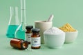 Bottles of homeopathic drugs - Natrum muriaticum, Sulphur, substances and ingredients for preparation of homeopathic remedies. Royalty Free Stock Photo