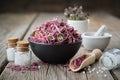 Bottles of homeopathic globules, healthy echinacea flowers in bowl and mortars on wooden table. Homeopathy Royalty Free Stock Photo