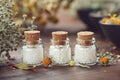 Bottles of homeopathic globules and medicinal herbs. Homeopathy medicine Royalty Free Stock Photo