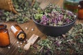 Bottles of homeopathic globules. Origanum vulgare or wild marjoram flowers in bowl. Bottle of essential oil or infusion.