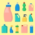 Bottles of household chemicals supplies cleaning housework liquid domestic fluid cleaner pack vector illustration. Royalty Free Stock Photo