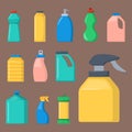 Bottles of household chemicals supplies cleaning housework liquid domestic fluid cleaner pack vector illustration. Royalty Free Stock Photo