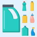 Bottles of household chemicals supplies cleaning housework liquid domestic fluid cleaner pack vector illustration. Royalty Free Stock Photo