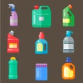 Bottles of household chemicals supplies cleaning housework plastic detergent liquid domestic fluid cleaner pack vector Royalty Free Stock Photo