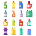 Bottles of household chemicals supplies cleaning housework plastic detergent liquid domestic fluid cleaner pack vector Royalty Free Stock Photo