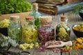 Bottles of infusion of healthy medicinal herbs and healing plants on wooden table. Herbal medicine. Old books and box of healthy