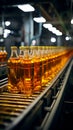 Bottles of juice and water glide along conveyor inside bustling beverage factory