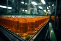 Bottles of juice and water glide along conveyor inside bustling beverage factory