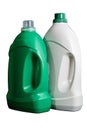 Bottles of laundry detergent isolated on white background. Two blank plastic green and white bottles. Mockup Royalty Free Stock Photo