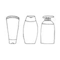 Bottles of liquid soap, shampoo, cream set icon, sticker. sketch hand drawn doodle style. minimalism monochrome. lotion, bath,