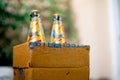 Bottles of liquor alcohol in a cardboard box getting home delivered online kept in the garden at the threshold of a home