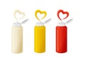 Bottles of mayonnaise,ketchup,mustard sauce with heart splash realistic style Royalty Free Stock Photo