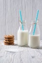 Two bottles of fresh skimmed milk and chocolate chip cookies on wooden background