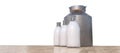 Bottles of milk and metal container. 3D rendered illustration