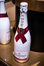 bottles of Moet Chandon Brand french champagne on display for sale