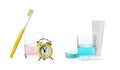 Bottles of mouthwash and other items for teeth care on white background, collage. Banner design