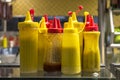 Bottles with mustard, ketchup, and mayonnaise