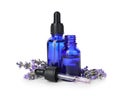 Bottles with natural lavender oil, flowers and dropper Royalty Free Stock Photo