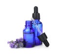 Bottles with natural lavender oil, flowers and dropper Royalty Free Stock Photo