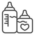 Bottles with nipples line icon. Two plastic feeding bottle for newborn with milk outline style pictogram on white Royalty Free Stock Photo