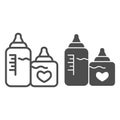 Bottles with nipples line and solid icon. Two plastic feeding bottle for newborn with milk outline style pictogram on Royalty Free Stock Photo