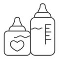 Bottles with nipples thin line icon. Two plastic feeding bottle for newborn with milk outline style pictogram on white