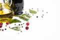 Bottles of olive oil and soy sauce, spices and herbs, isolated on a white background Royalty Free Stock Photo