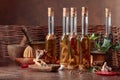 Bottles of olive oil with various spices and herbs Royalty Free Stock Photo
