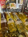 Olive oil and vinegar display in epicerie shop on rue Lepic, Montmartre, Paris, France Royalty Free Stock Photo