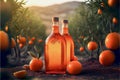 Bottles of orange alcohol or juice drinks of a beautiful bright yellow color on a village field among orange trees