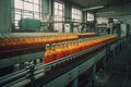 Bottles of orange juice on a conveyor belt in a factory, A beverage plant factory interior view with a conveyor system, AI Royalty Free Stock Photo