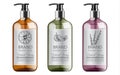 Bottles of organic shampoo with herbal care. Various plants and colors. Mint, orange and lavender Royalty Free Stock Photo