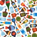 Bottles pattern. Restaurant liquid products in bottles wine tequila vodka tonic gin rum garish vector seamless