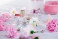 Bottles of perfume with flowers Royalty Free Stock Photo