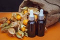 Bottles with physalis oil  and fresh  fruit  on orange Royalty Free Stock Photo
