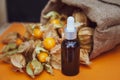 Bottles with physalis oil  and fresh  fruit  on orange Royalty Free Stock Photo