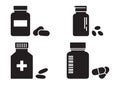 Bottles of pills or vitamins, pharmacy concept, medicine black icons. Vector