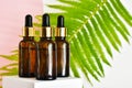 Bottles with pipettes of cosmetics on white podium on a pink background with fern leave. Bath accessories Royalty Free Stock Photo