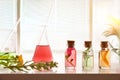 Bottles with plant essence in laboratory with venetian blind background Royalty Free Stock Photo