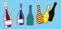 Set with colourful wine and champagne bottles in Pop Art style with different ornaments.