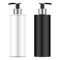 Bottles with pump dispenser vectior 3d realistic illustration. Black and white package isolated on background. Ready for your desi