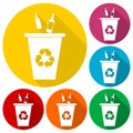 Bottles in recycling bin icons set with long shadow Royalty Free Stock Photo