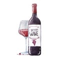 A bottles of red grape wine with a glass. Watercolor hand drawn illustration Royalty Free Stock Photo